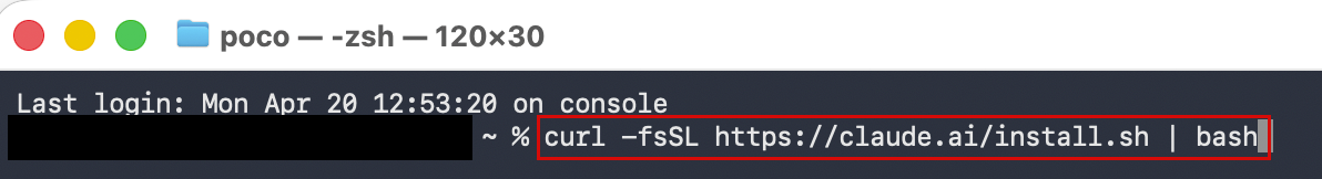 터미널에 설치 코드 입력